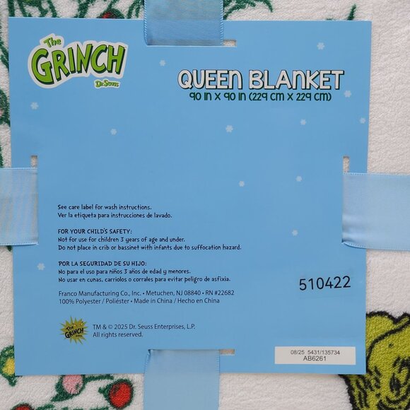Dr. Seuss The Grinch Queen Plush Blanket 90" X 90" Christmas Soft & Warm Holiday - Picture 7 of 12